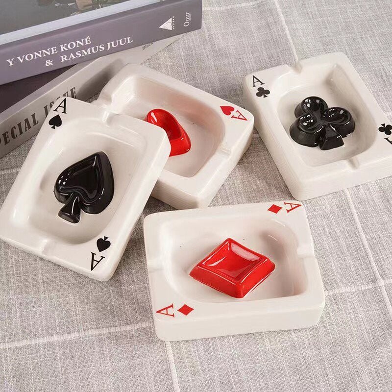 Poker Card Ceramic Ashtray Set with Heart and Spade Embossed Designs
