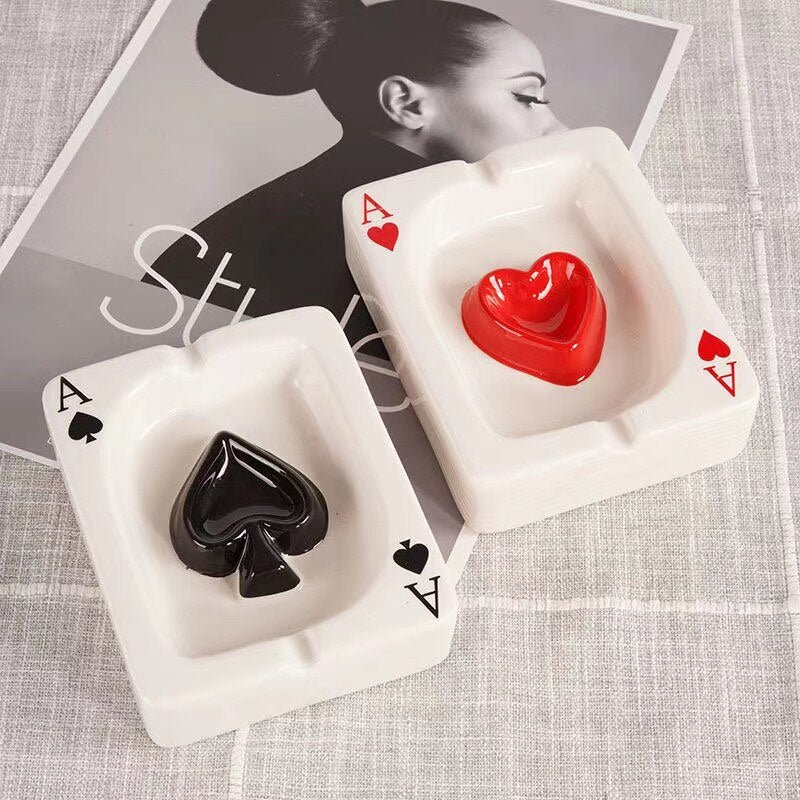 Poker Card Ceramic Ashtray Set with Heart and Spade Embossed Designs