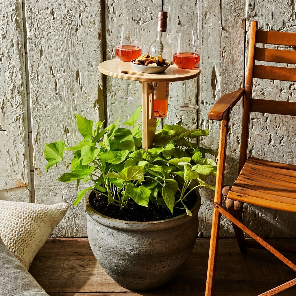 Portable Wooden Wine Table with Ground Spike and Glass Holders
