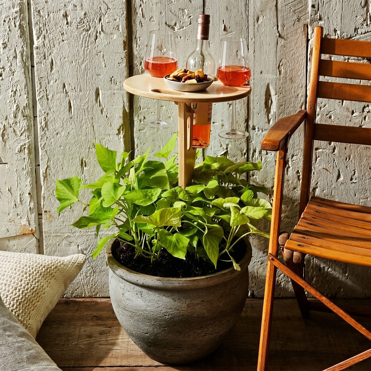 Portable Wooden Wine Table with Ground Spike and Glass Holders