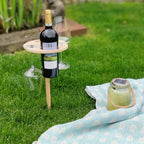 Portable Wooden Wine Table with Ground Spike and Glass Holders