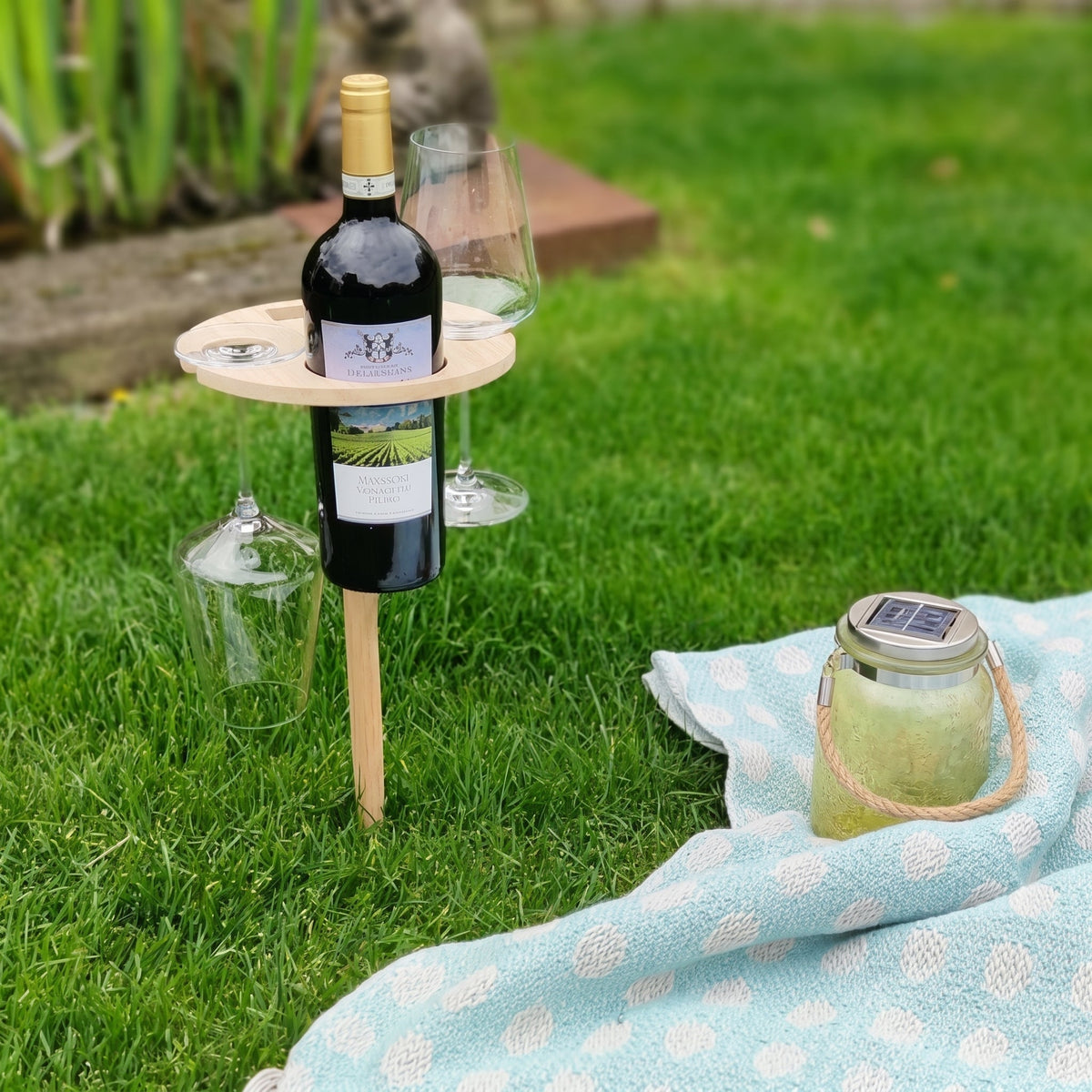 Portable Wooden Wine Table with Ground Spike and Glass Holders