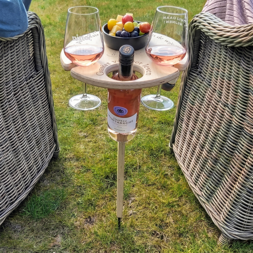 Portable Wooden Wine Table with Ground Spike and Glass Holders