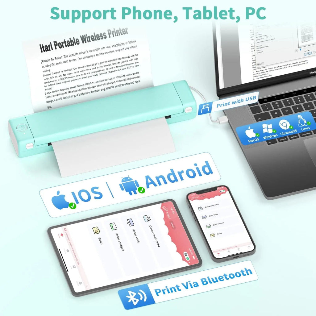Tragbarer A4-Thermodrucker mit Bluetooth und tintenlosem Druck