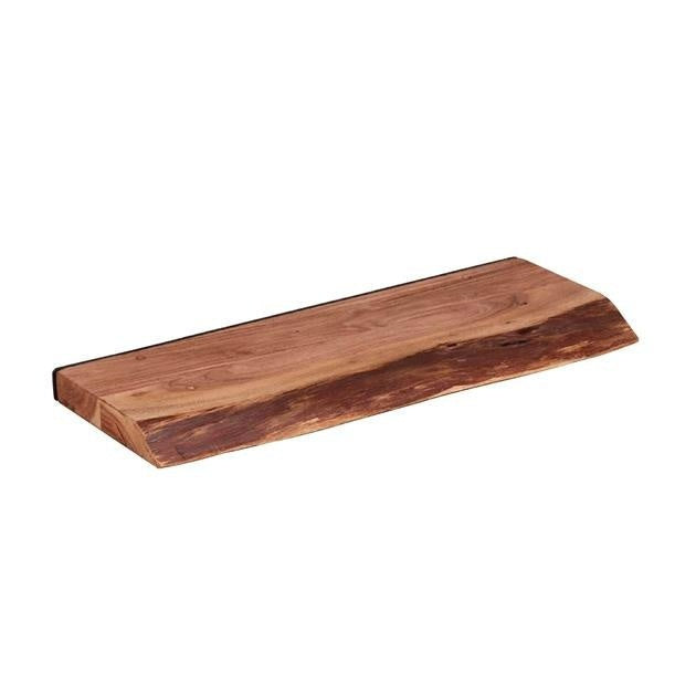 Mensola sospesa da parete in legno di acacia con bordo naturale e supporti industriali