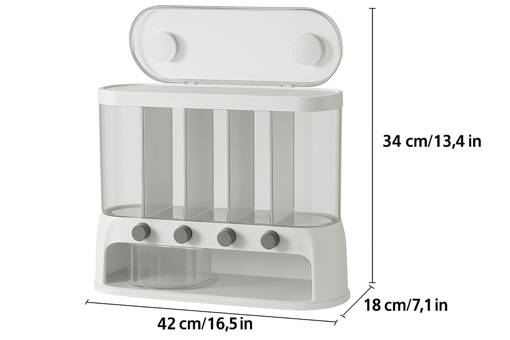 Dispensador de alimentos secos de cinco compartimentos con botones pulsadores