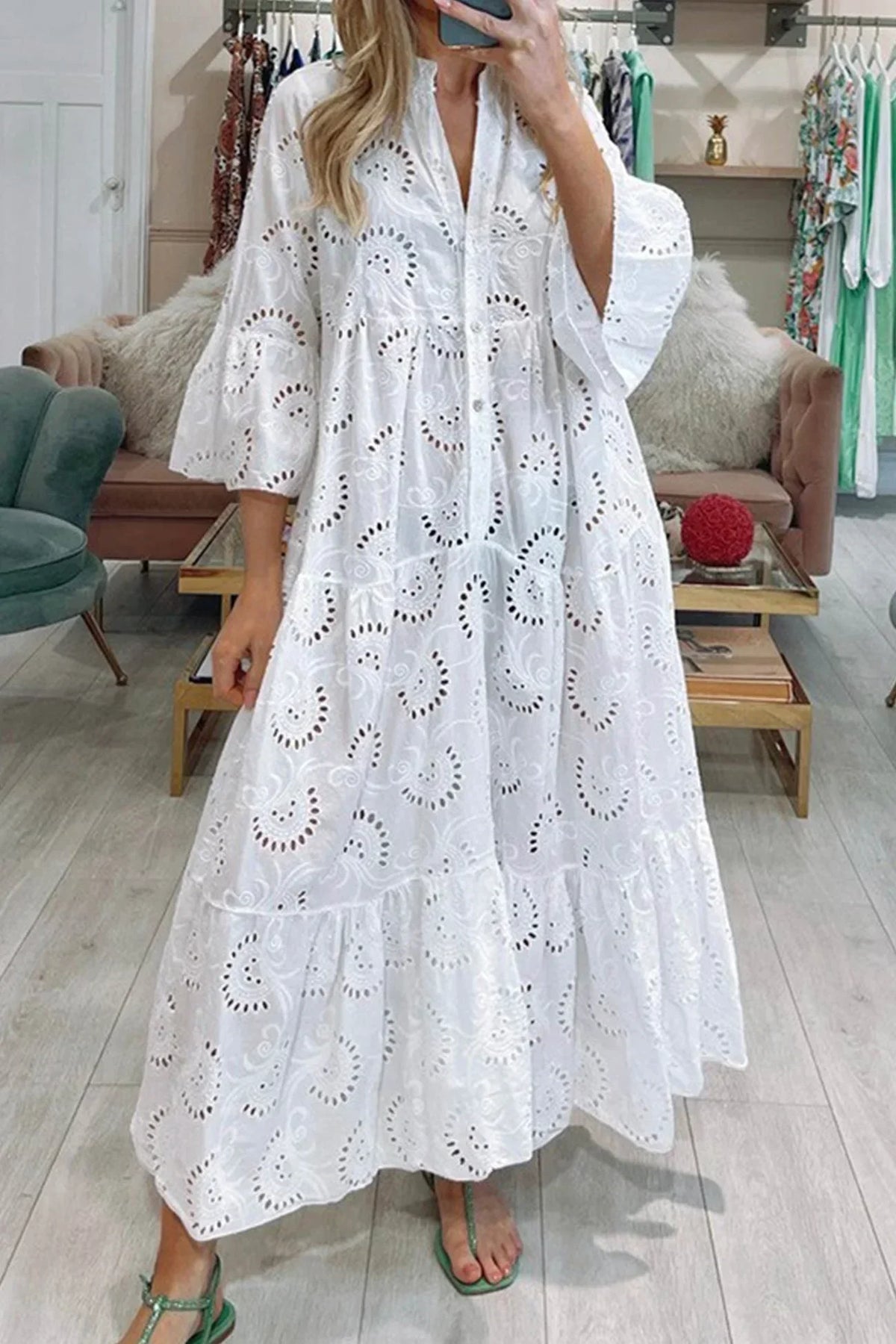 Women's Bohemian Eyelet Embroidered V-Neck Tiered Maxi Dress