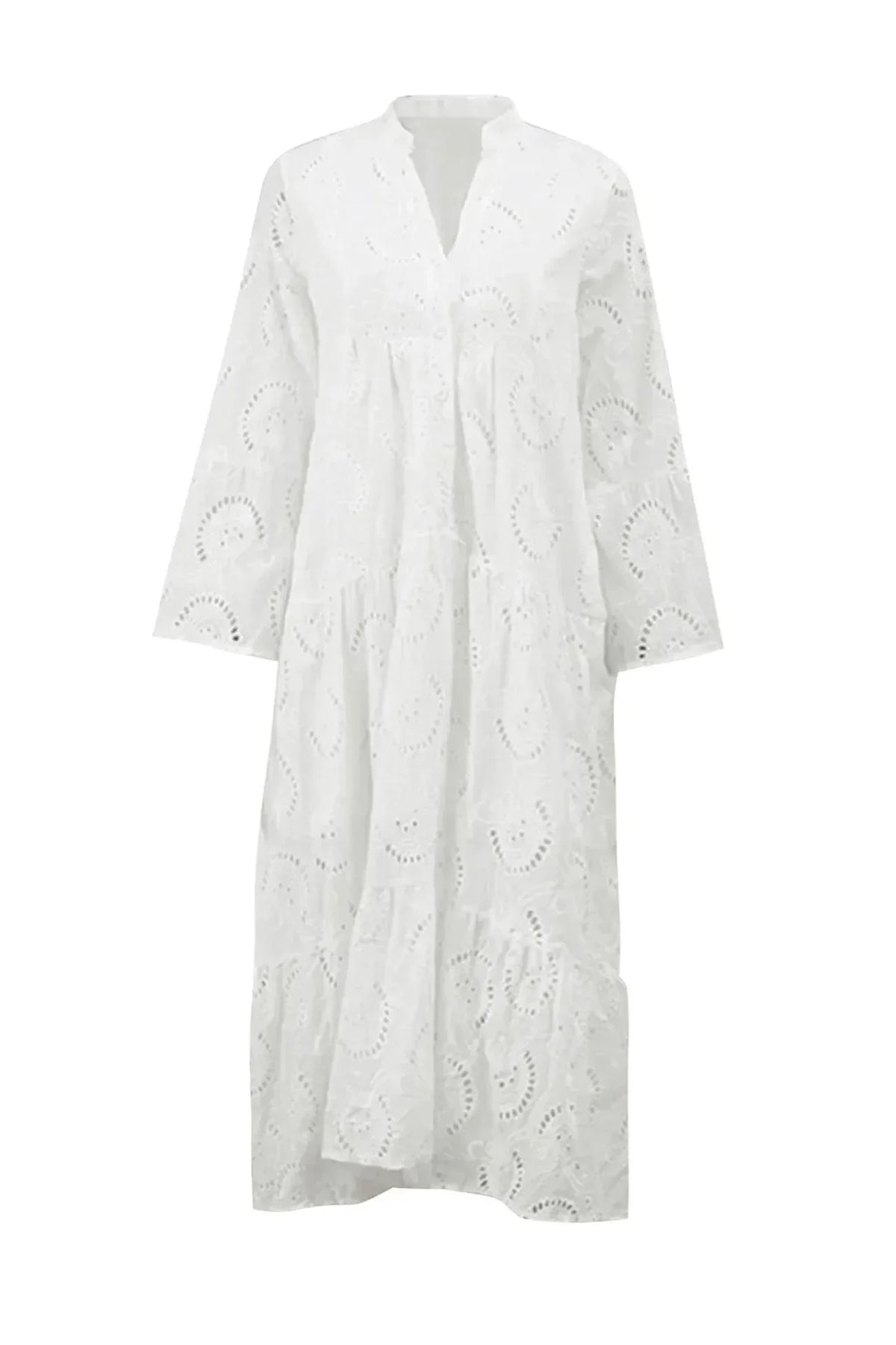 Women's Bohemian Eyelet Embroidered V-Neck Tiered Maxi Dress