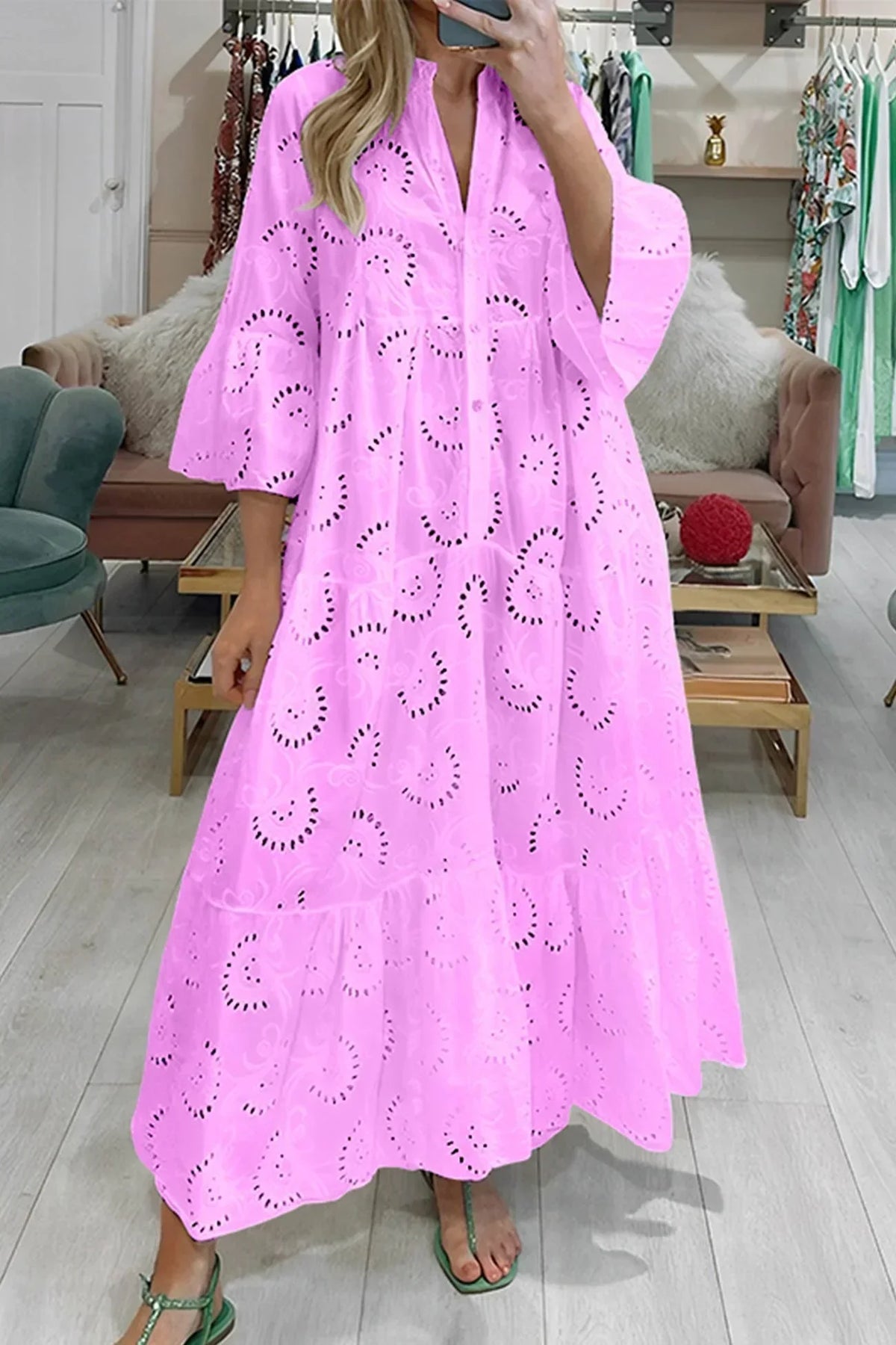 Women's Bohemian Eyelet Embroidered V-Neck Tiered Maxi Dress