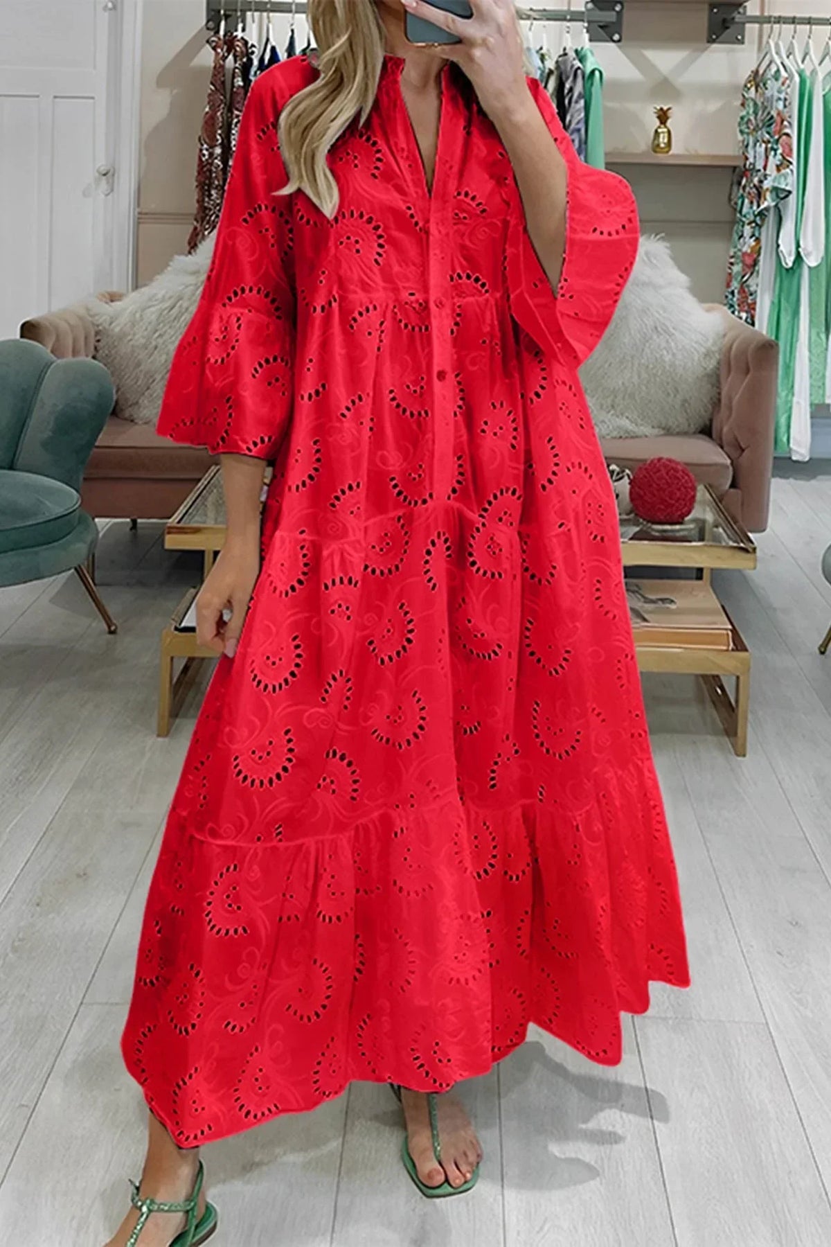 Women's Bohemian Eyelet Embroidered V-Neck Tiered Maxi Dress