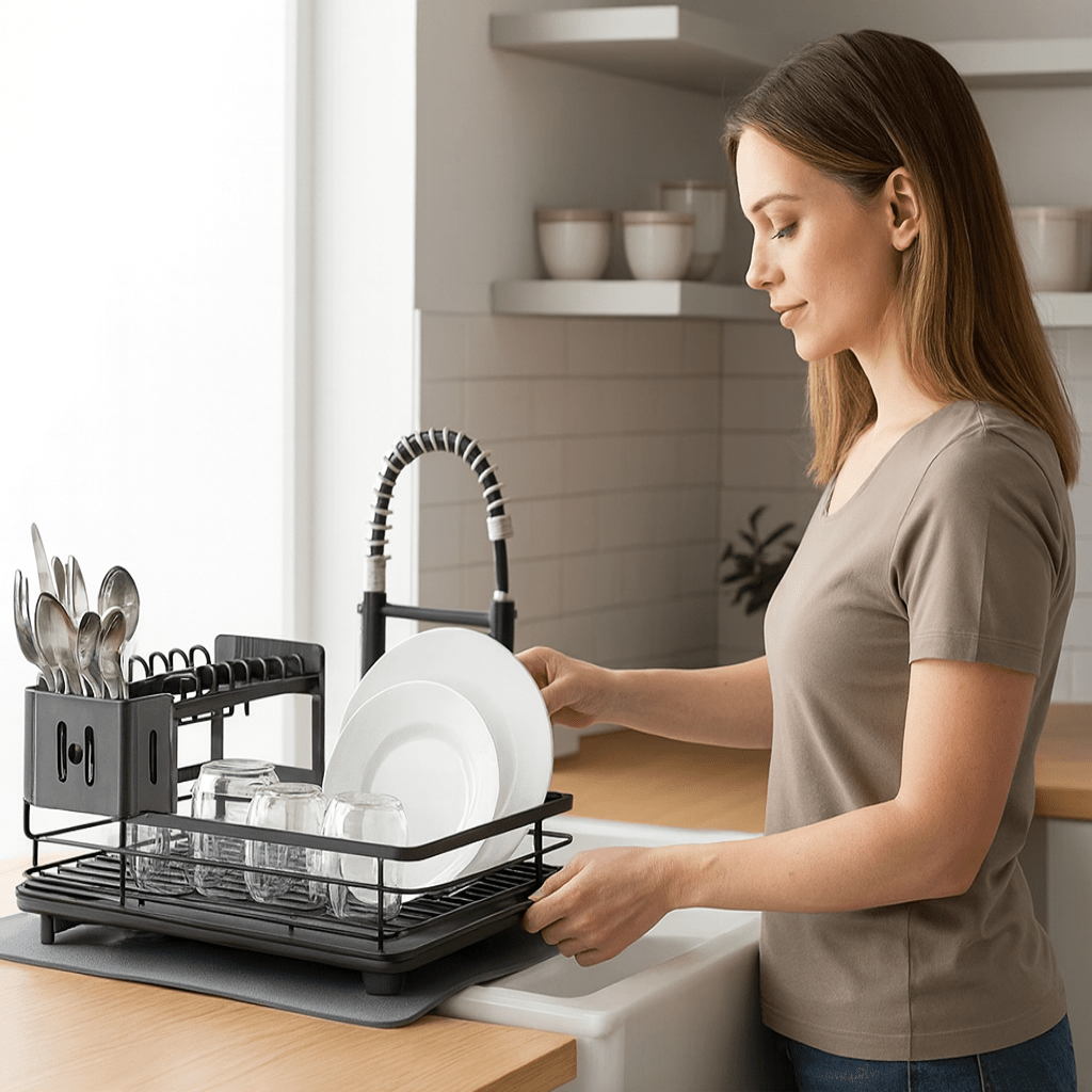 Égouttoir à vaisselle pliable en métal au design gain de place
