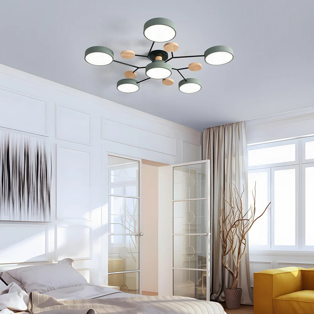 Modern LED-taklampa med flera armar, halvt infälld