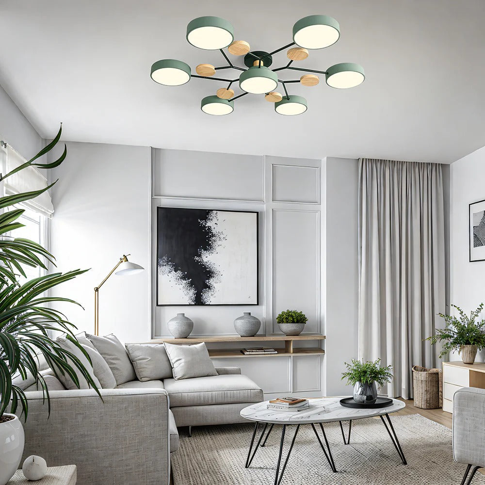 Modern LED-taklampa med flera armar, halvt infälld