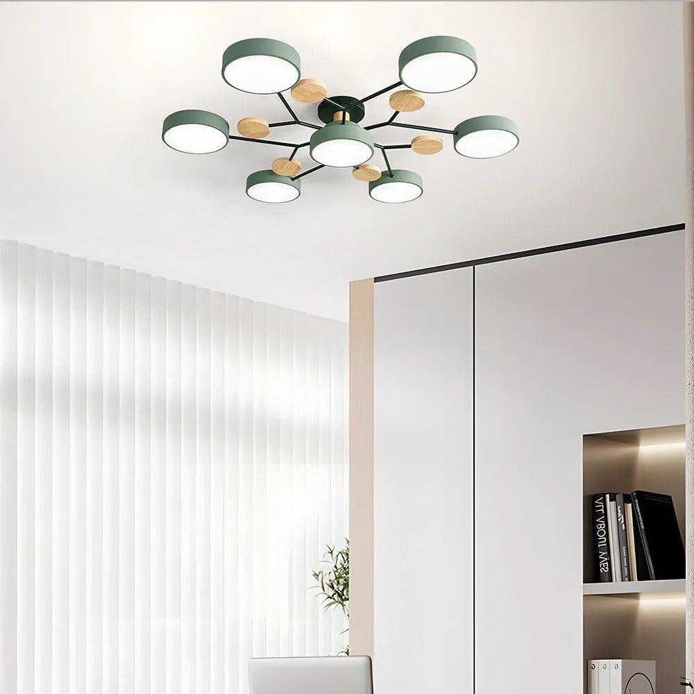 Modern LED-taklampa med flera armar, halvt infälld