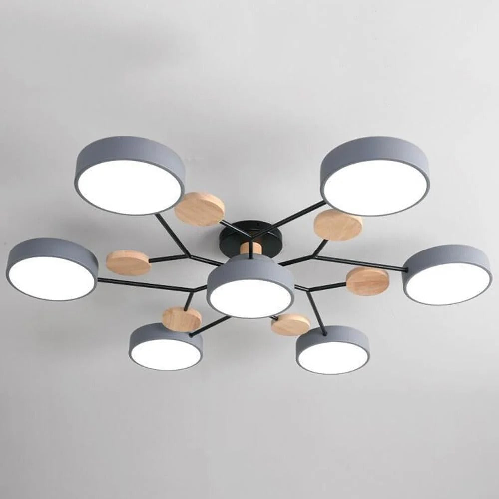 Modern LED-taklampa med flera armar, halvt infälld