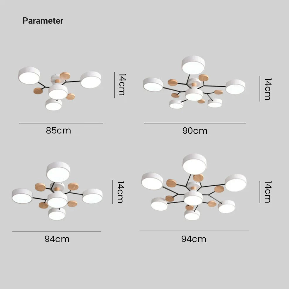 Modern LED-taklampa med flera armar, halvt infälld