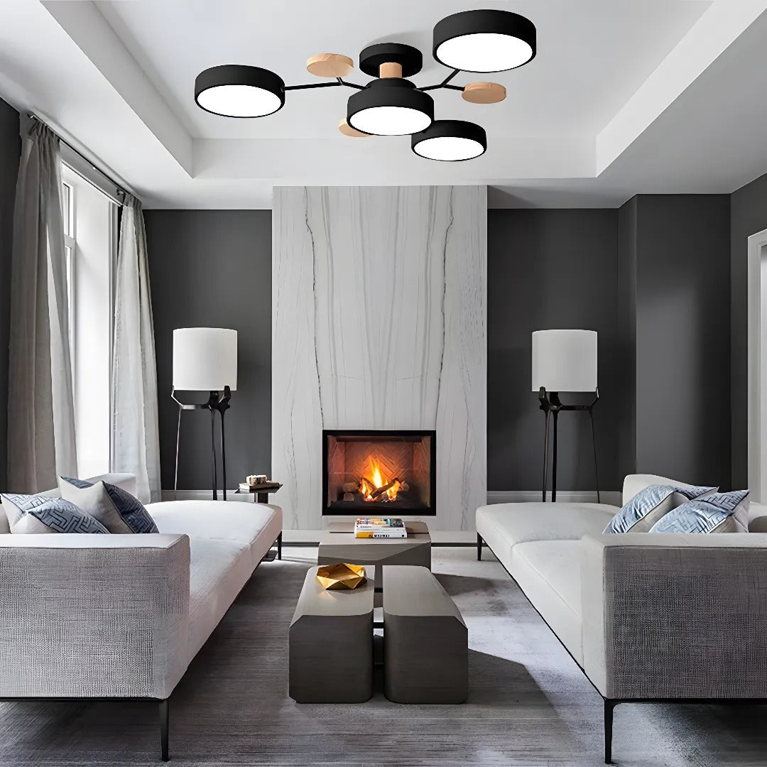 Modern LED-taklampa med flera armar, halvt infälld
