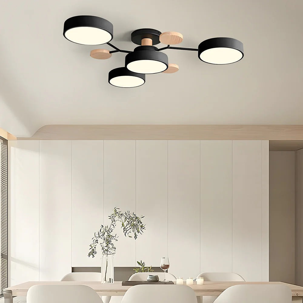 Modern LED-taklampa med flera armar, halvt infälld