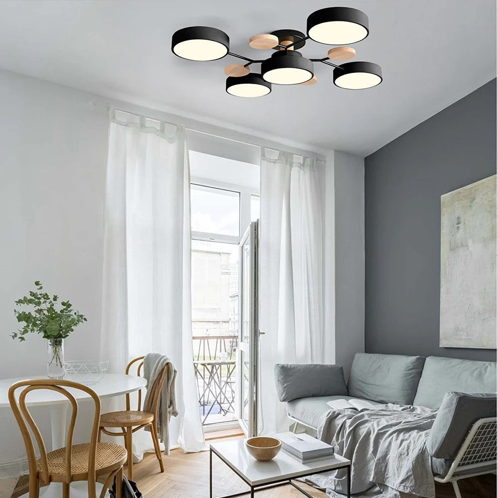 Modern LED-taklampa med flera armar, halvt infälld