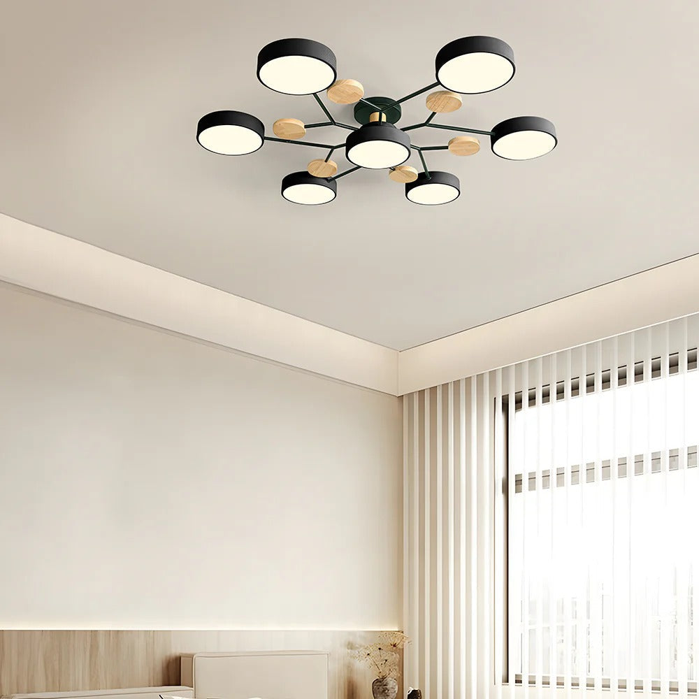 Modern LED-taklampa med flera armar, halvt infälld