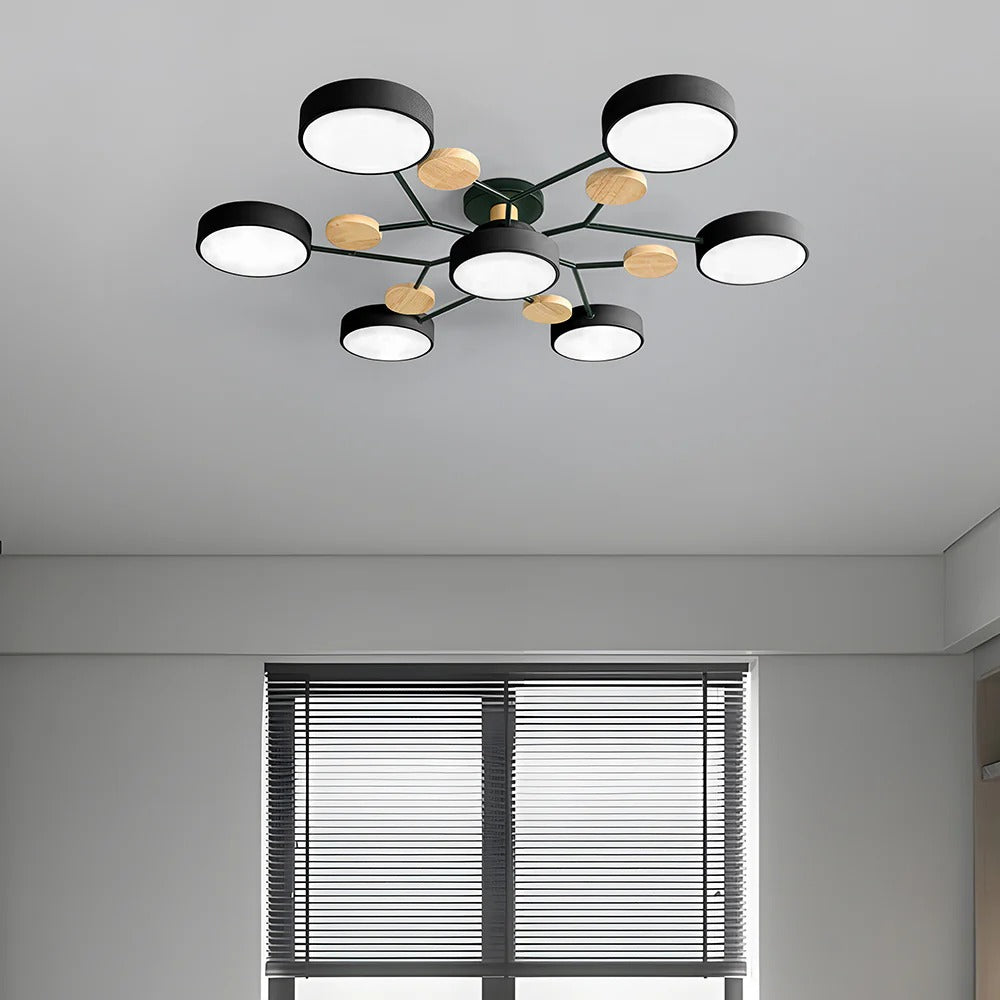 Modern LED-taklampa med flera armar, halvt infälld