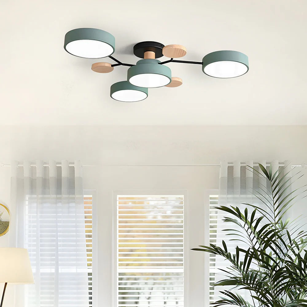 Modern LED-taklampa med flera armar, halvt infälld