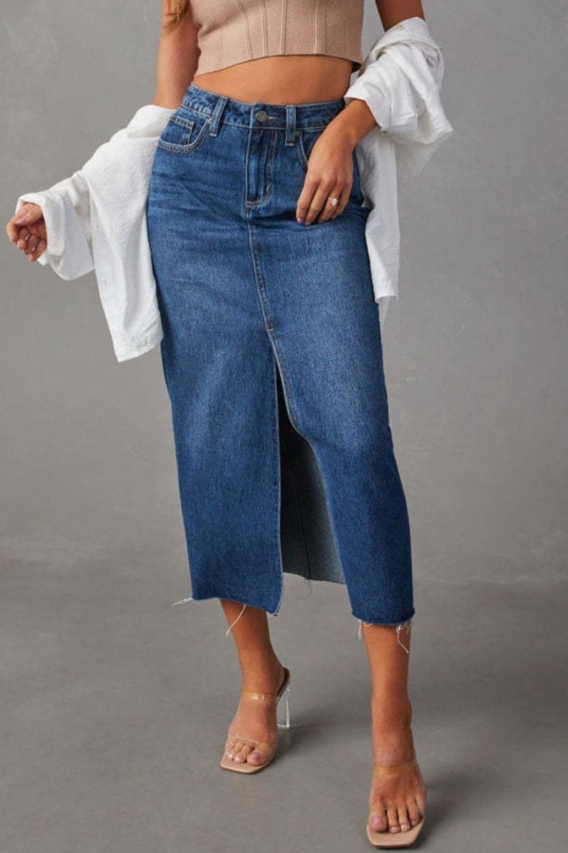 Women's Stylish Midi Denim Skirt with Front Slit and Raw Hem for Modern Casual and Trendy Looks