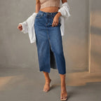 Women's Stylish Midi Denim Skirt with Front Slit and Raw Hem for Modern Casual and Trendy Looks