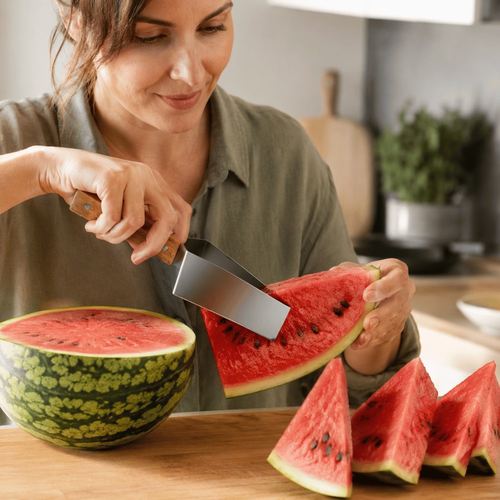 Vandmelon- og frugtskærer i rustfrit stål med træhåndtag