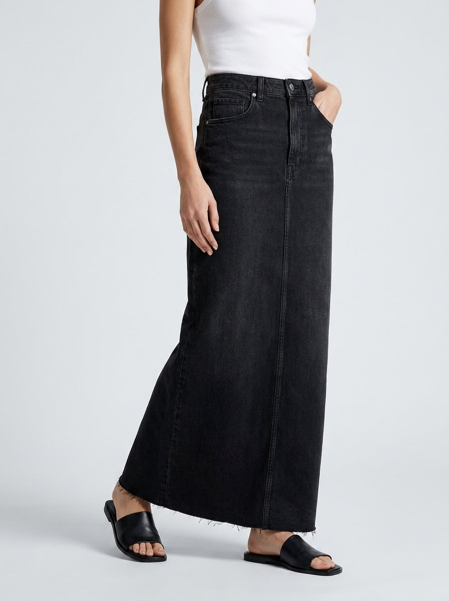 Lang denim-maxinederdel med høj talje til kvinder