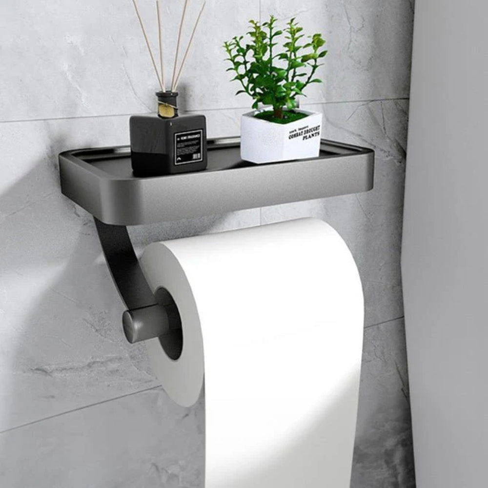 Toilet Roll Holder with Storage Shelf and No-Drill Mounting