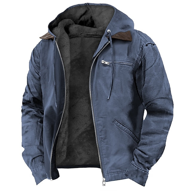 Men's Hooded Outdoor Jacket with Zip Front and Fleece Lining