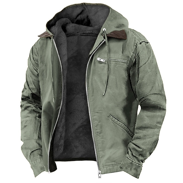 Men's Hooded Outdoor Jacket with Zip Front and Fleece Lining