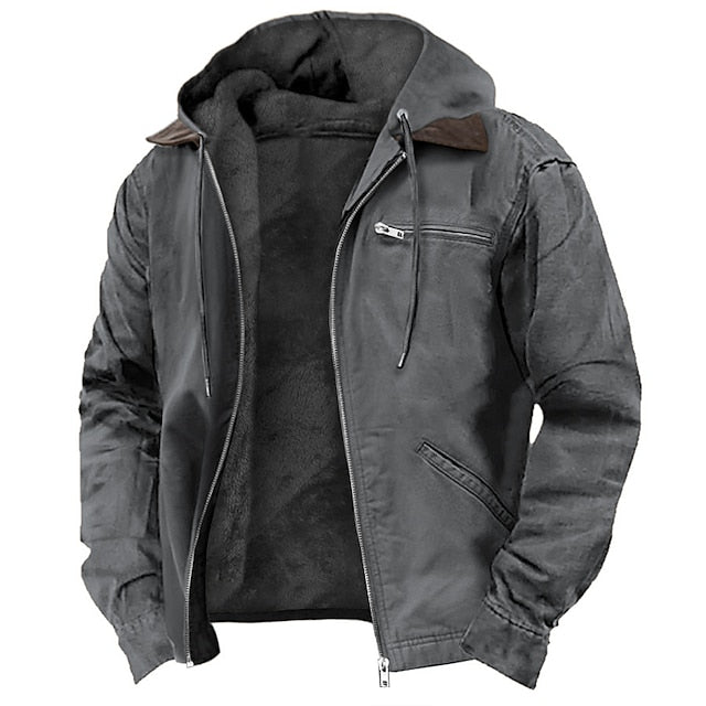 Men's Hooded Outdoor Jacket with Zip Front and Fleece Lining