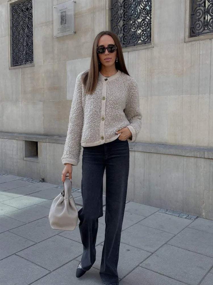 Strukturierte Teddy-Strickjacke für Damen mit Knopfleiste