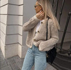 Strukturierte Teddy-Strickjacke für Damen mit Knopfleiste