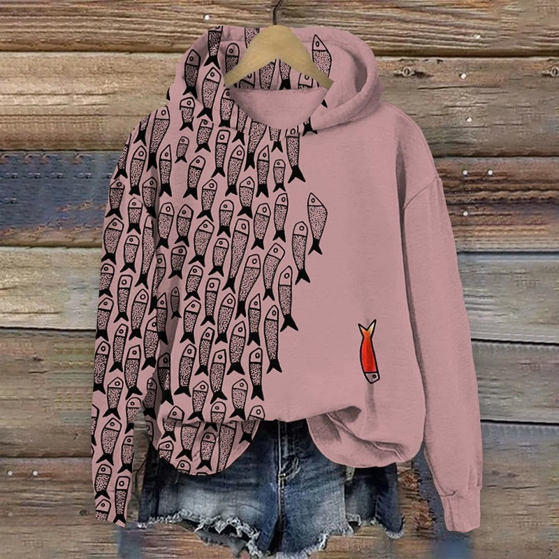 Women's Fish Print Hooded Sweatshirt with Asymmetric Design