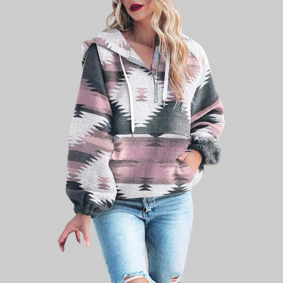 Women's Geometric Print Quarter Zip Hoodie with Kangaroo Pocket