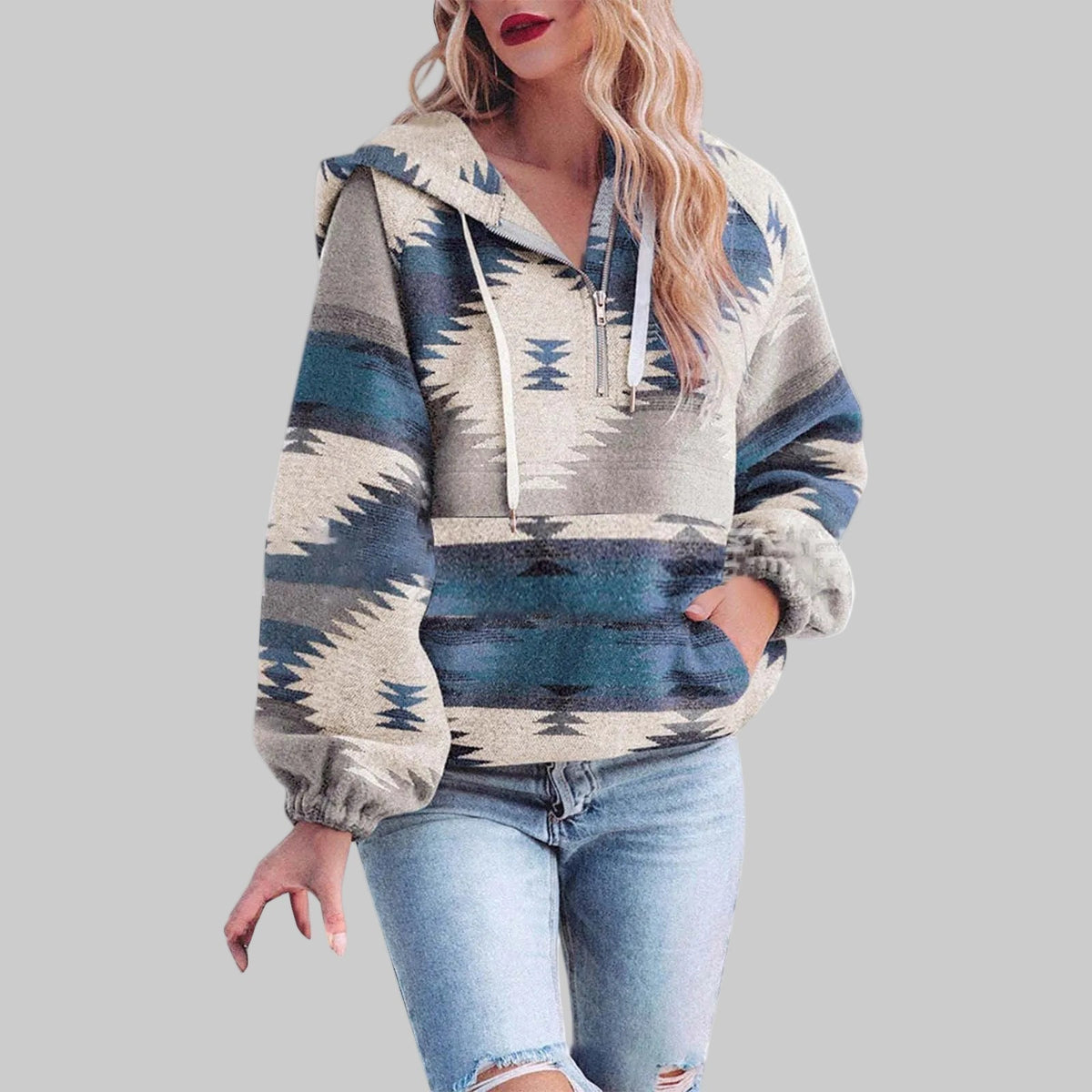 Women's Geometric Print Quarter Zip Hoodie with Kangaroo Pocket