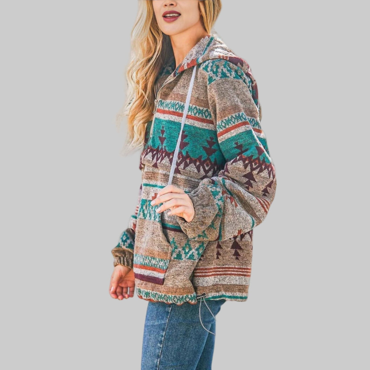 Women's Geometric Print Quarter Zip Hoodie with Kangaroo Pocket