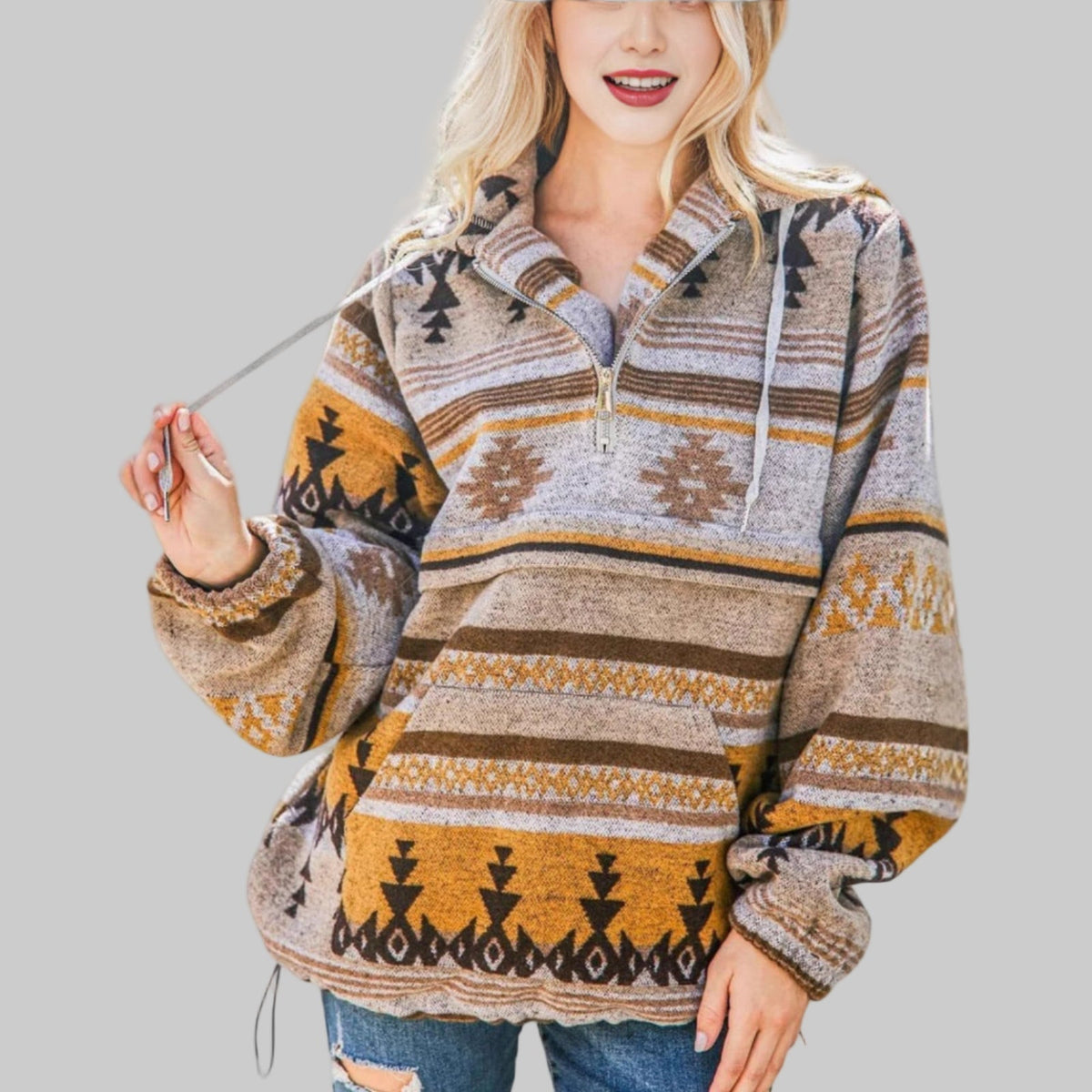 Women's Geometric Print Quarter Zip Hoodie with Kangaroo Pocket