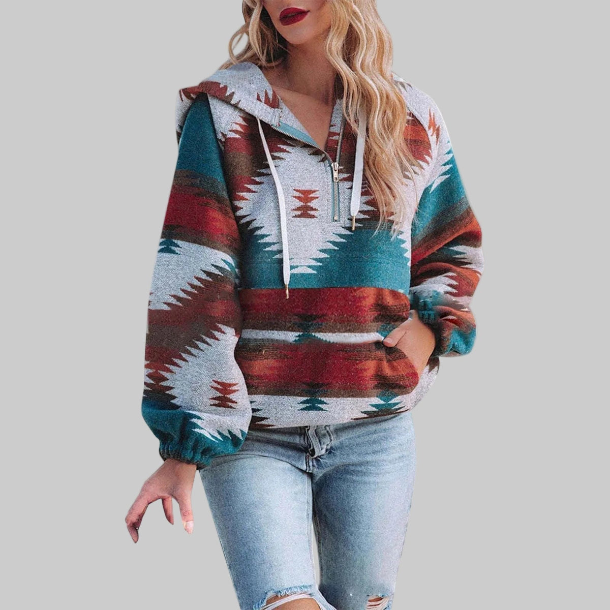 Women's Geometric Print Quarter Zip Hoodie with Kangaroo Pocket