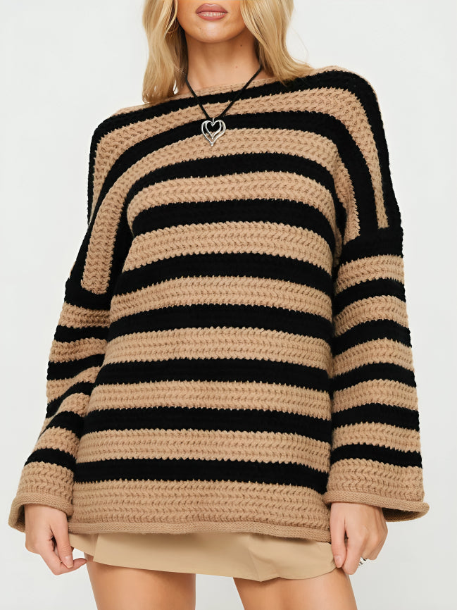 Women's Chunky Knit Striped Sweater with Relaxed Fit