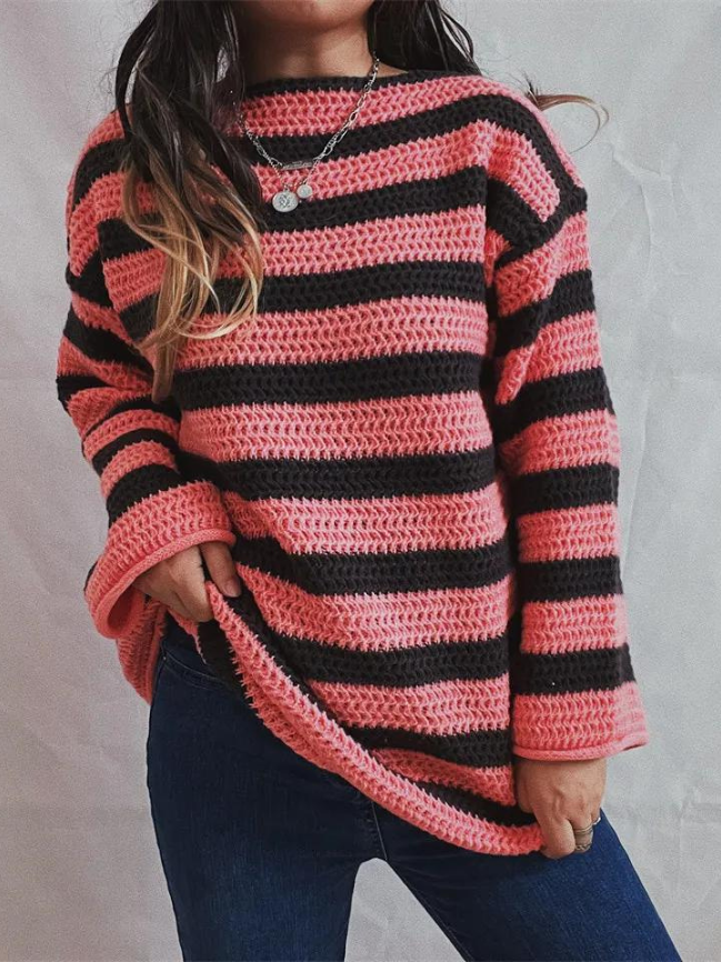 Women's Chunky Knit Striped Sweater with Relaxed Fit