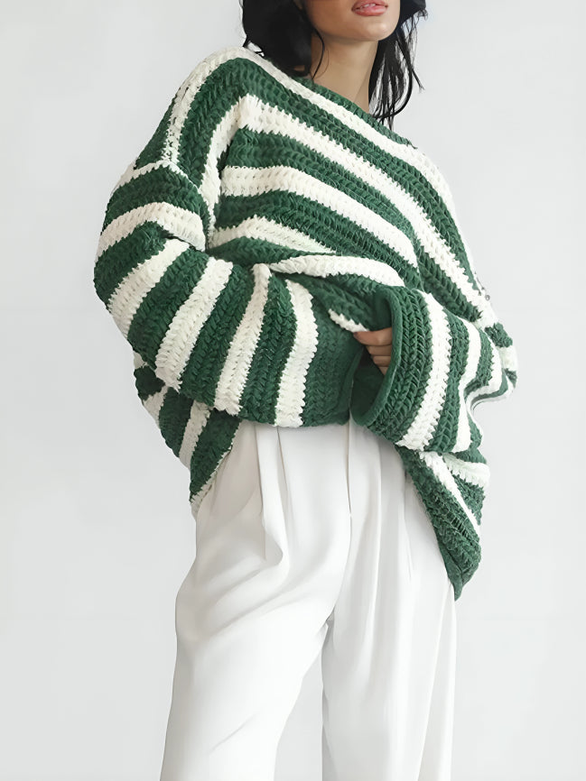 Women's Chunky Knit Striped Sweater with Relaxed Fit