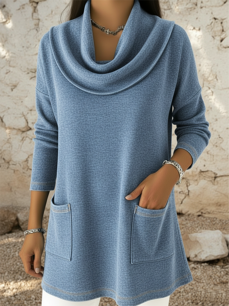 Women's Cowl Neck Sweater Dress with Front Pockets