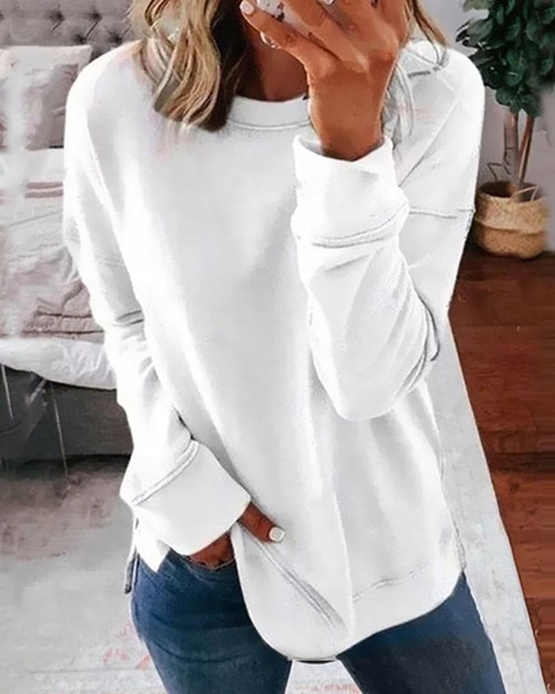 Women's Relaxed Crew Neck Sweatshirt with Ribbed Cuffs