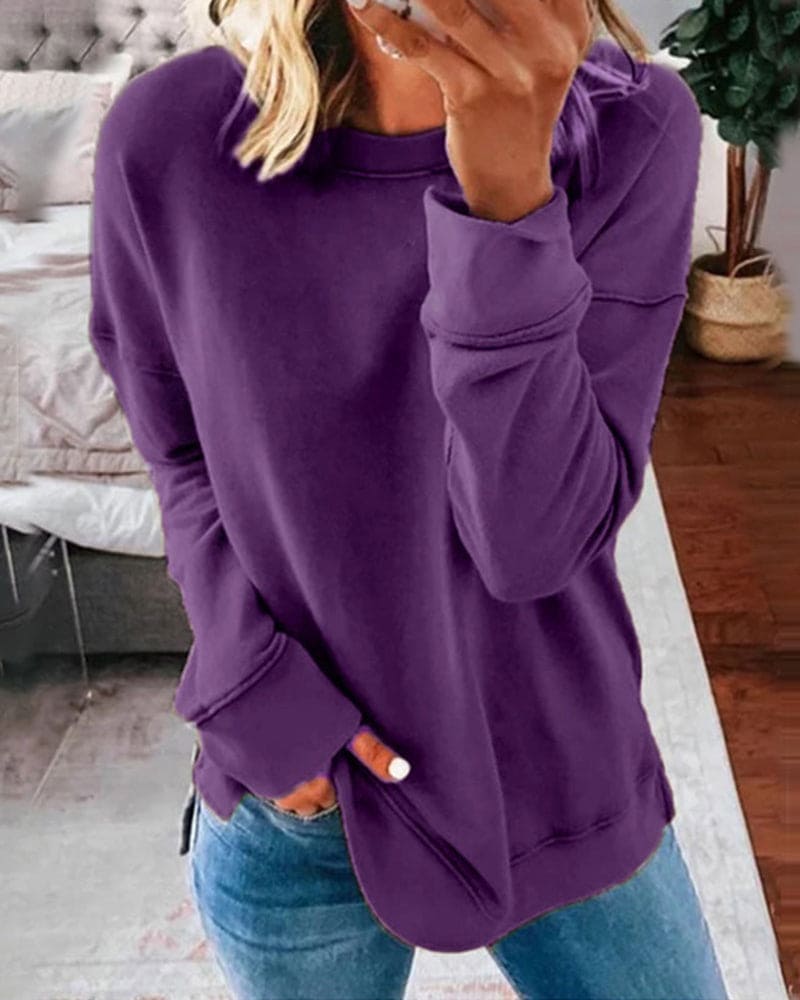 Women's Relaxed Crew Neck Sweatshirt with Ribbed Cuffs