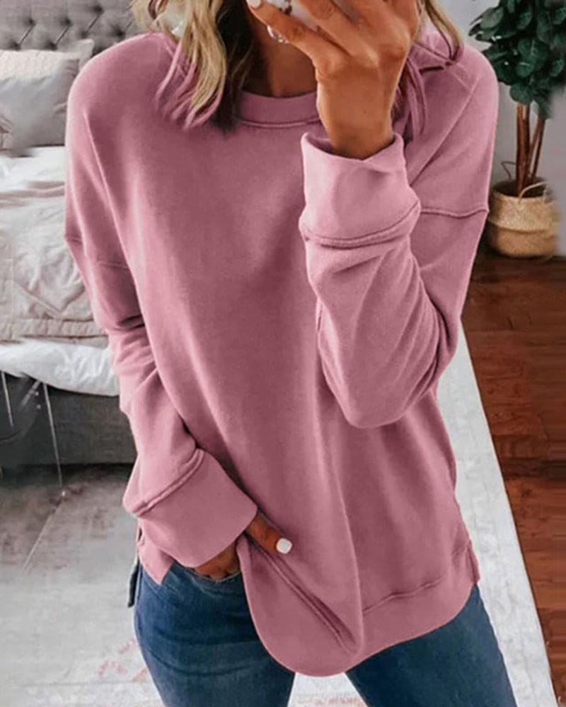 Women's Relaxed Crew Neck Sweatshirt with Ribbed Cuffs