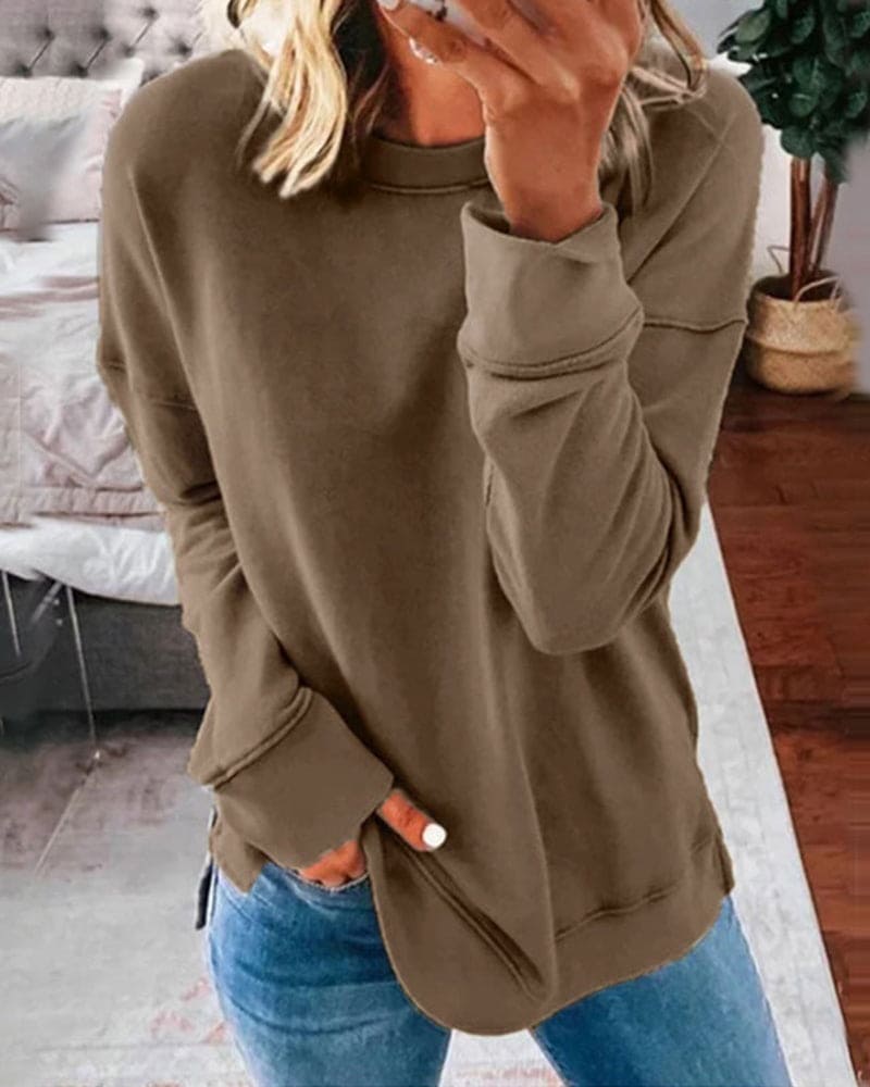 Women's Relaxed Crew Neck Sweatshirt with Ribbed Cuffs